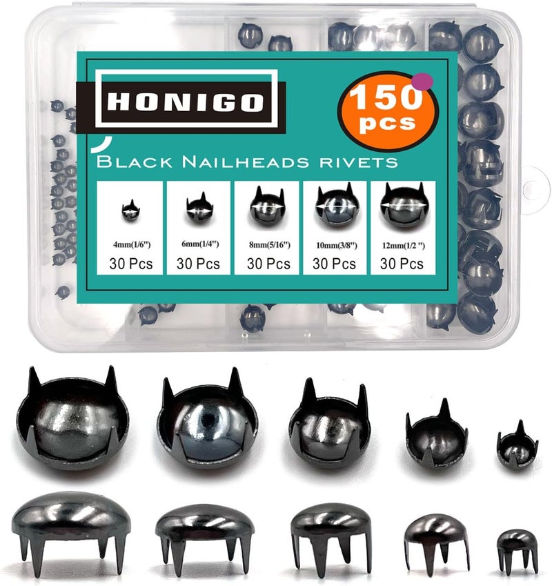 honigo 150pcs Nailheads Round Dome Studs Rivets Gun Metal Solid Brass 4/6/8/10/12mm 4 Prongs Spikes Spots for Leather Craft Clothes Belt Bag Shoes Decorations Totes DIY Craft - Image 1